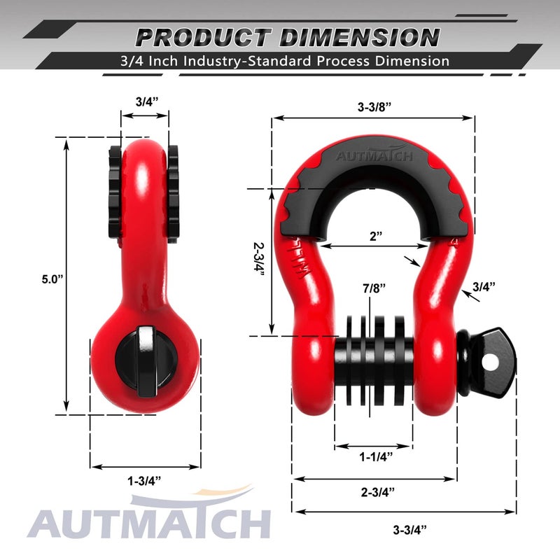 AUTMATCH D Ring Shackle 3/4"" Shackles (2 Pack) 41,887Ibs Break Strength, Clevis Shackle with 7/8"" Screw Pin and Shackle Isolator Washers Kit for Tow Strap Winch Off Road Vehicle Recovery, Red & Black - Image 3